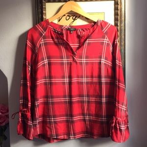 Talbots Plaid Bell-Tie Sleeve Blouse